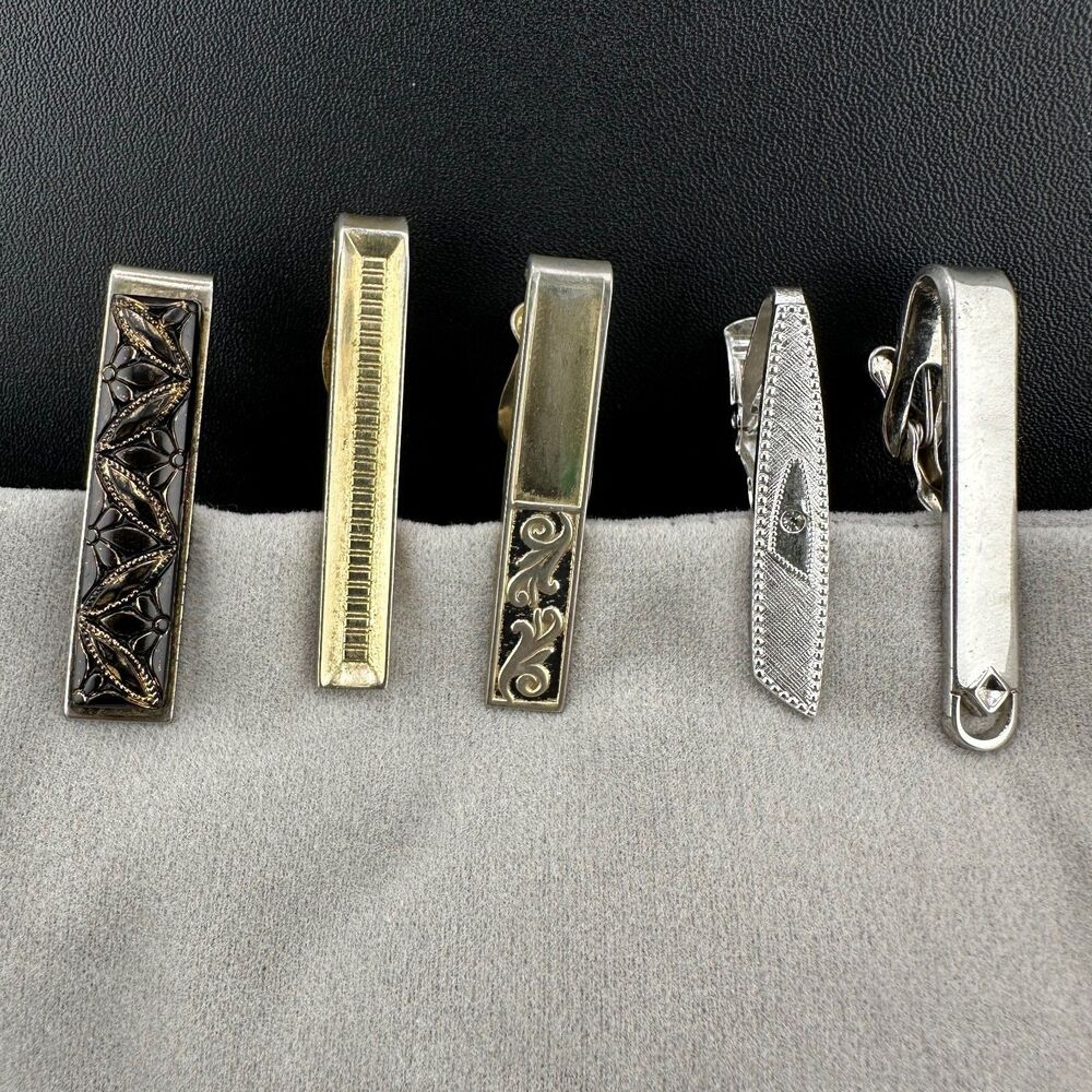 Vintage MCM Tie Bar Clips Lot Gold Silver Tone Art Deco Geometrics Etched Enamel